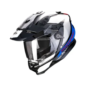 Casco integrale Touring/Adventure, Scorpion Adf 9000 Trail, bianco con finiture blu e rosse
